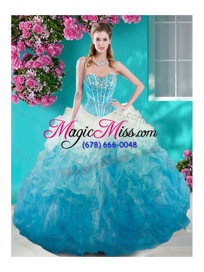 wholesale beautiful beaded bust white and blue quinceanera dress in organza