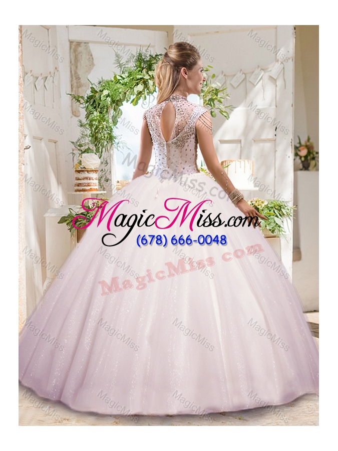 wholesale see through white ball gowns high neck sequins beaded quinceanera dress with zipper up
