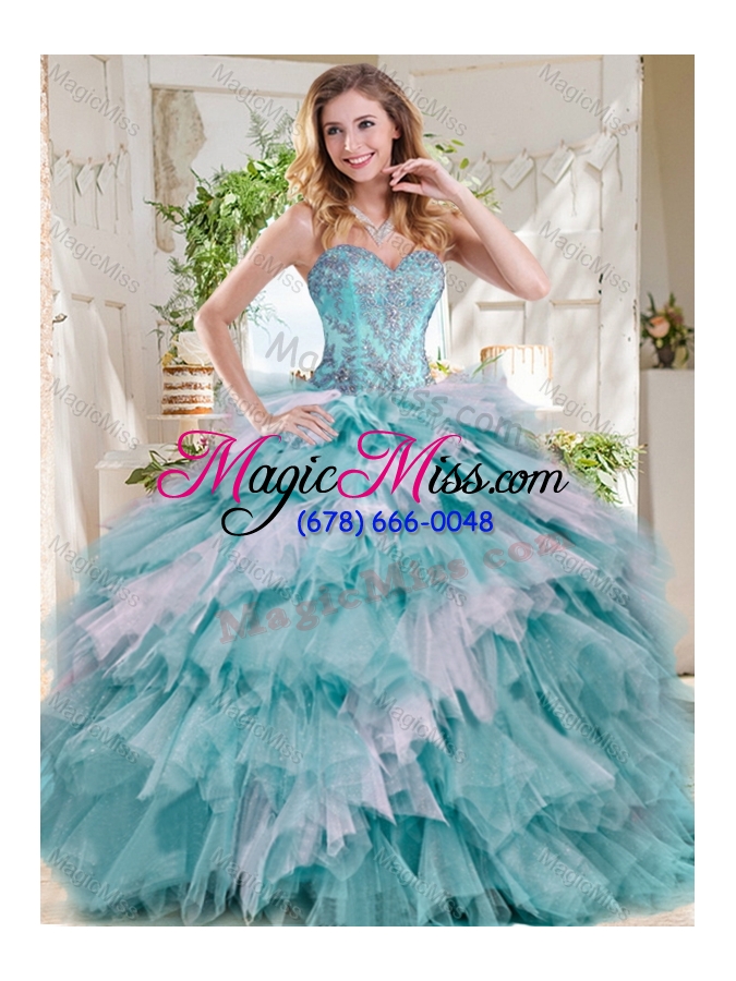 wholesale popular beaded and ruffled big puffy sweet 16 dress in blue and white