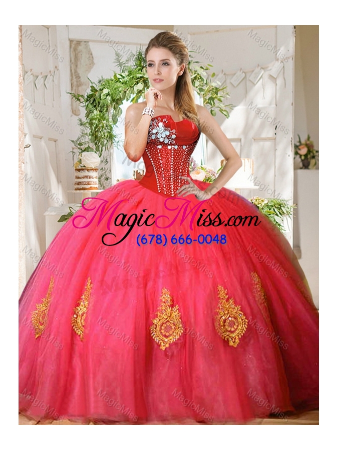 wholesale romantic beaded and gold applique really puffy vestidos de quinceanera dress in red