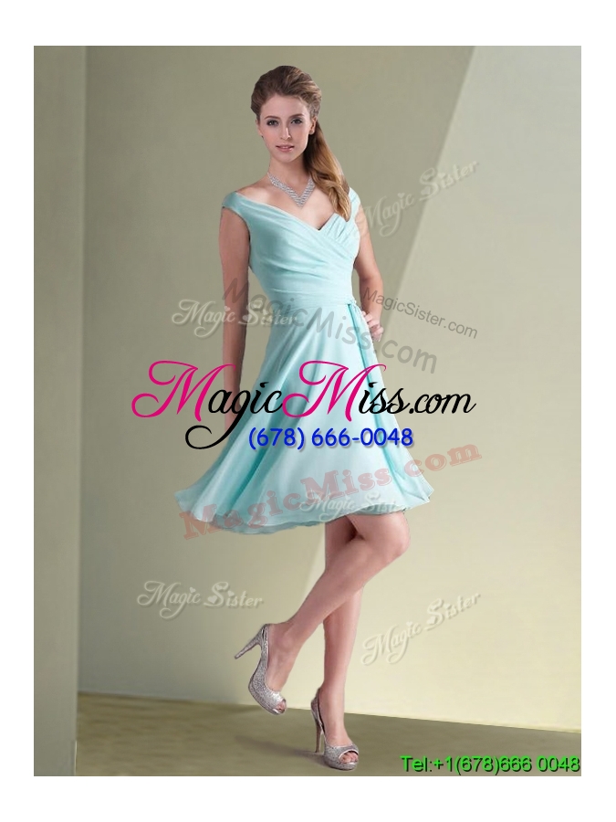 wholesale lovely chiffon off the shoulder aqua blue bridesmaid dress with ruching