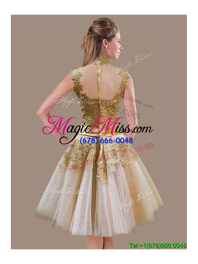 wholesale vintage a line high neck champagne prom dress with appliques and bowknot