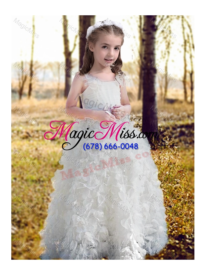 wholesale new arrivals ruffled and bowknot white flower girl dress with straps