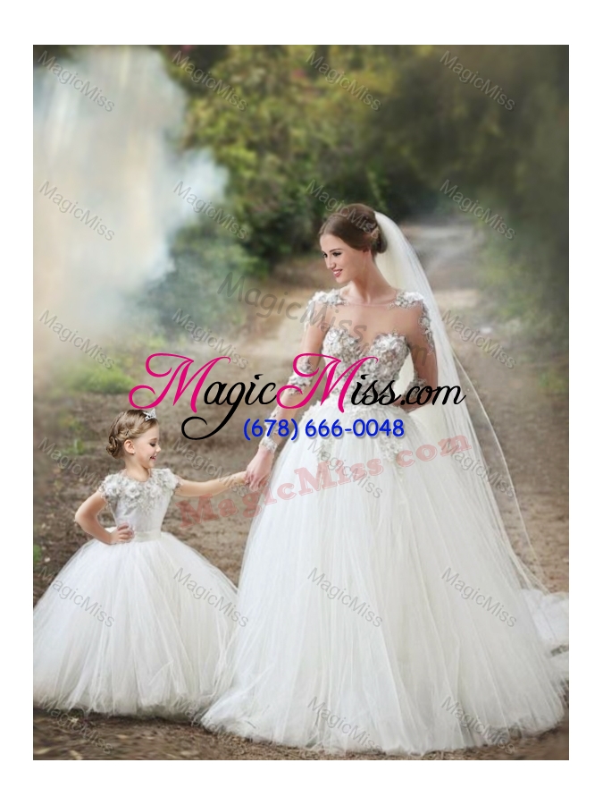 wholesale fashionable scoop really puffy flower girl dress with hand made flowers and appliques