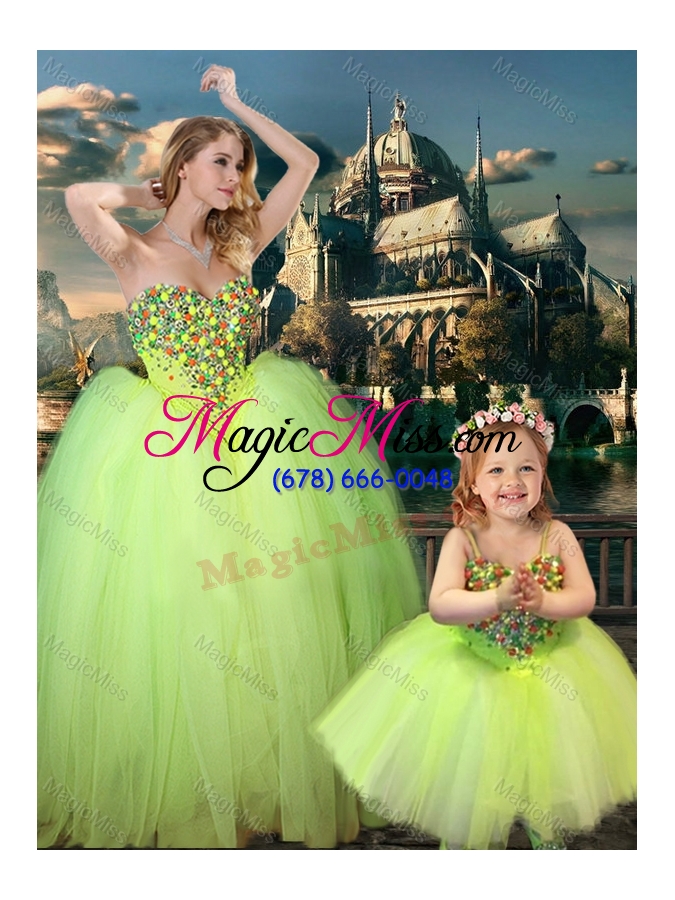 wholesale most popular yellow green spaghetti straps flower girl dress with beading