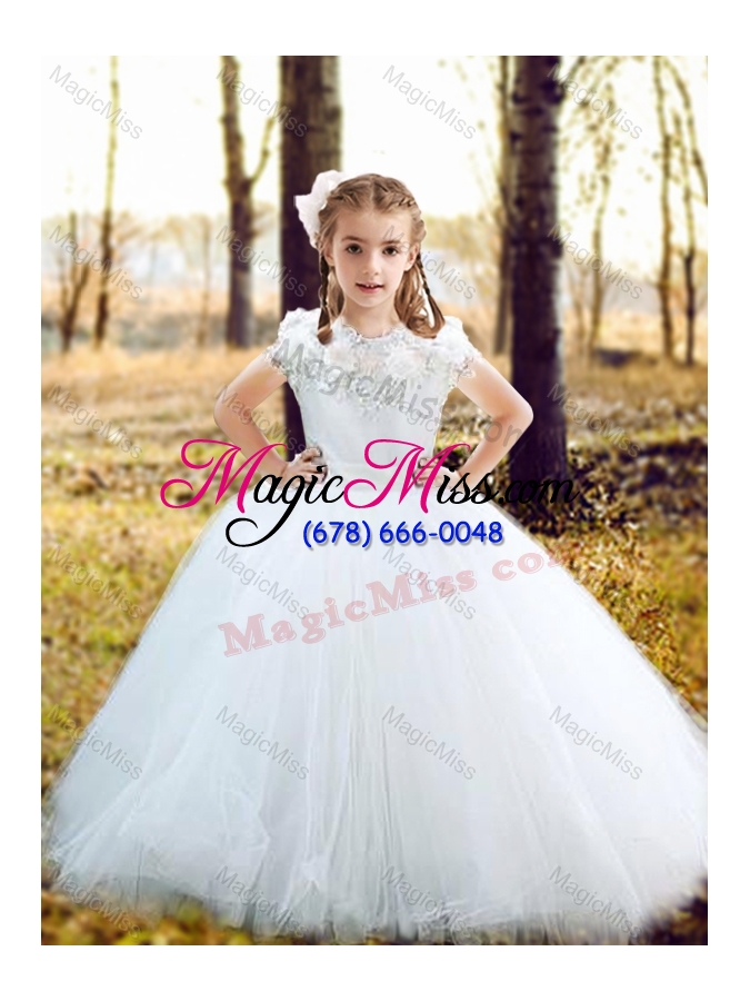 wholesale new style see through long sleeves wedding dresses with appliques and lovely big puffy flower girl dress with hand made flowers