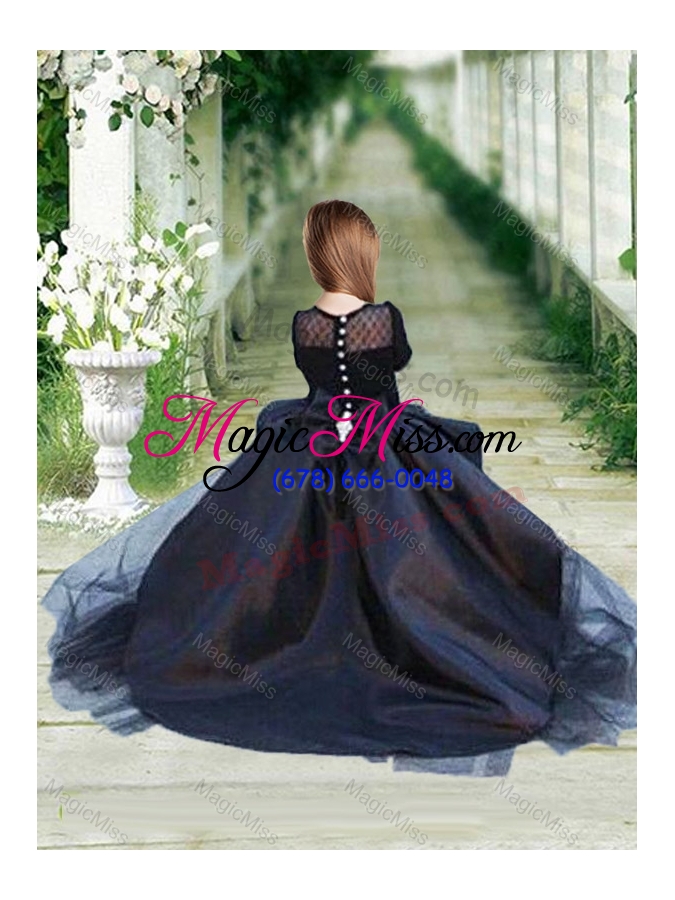 wholesale high low navy blue sexy prom dress with bateau and gorgeous see through 3/4 length sleeves little girl dress with scoop and new style high low tobbler dress with long sleeves