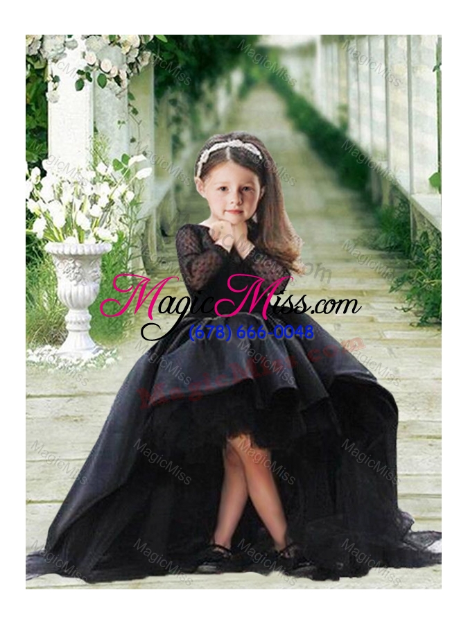 wholesale high low navy blue sexy prom dress with bateau and gorgeous see through 3/4 length sleeves little girl dress with scoop and new style high low tobbler dress with long sleeves