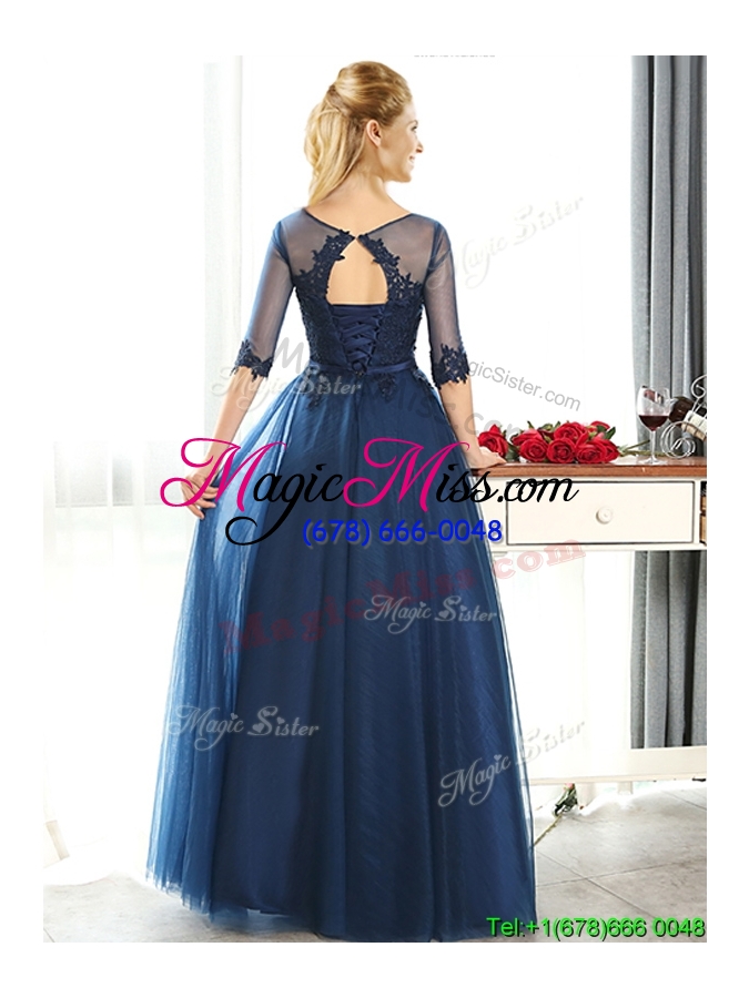 wholesale luxurious see through scoop half sleeves bridesmaid dress with lace and belt