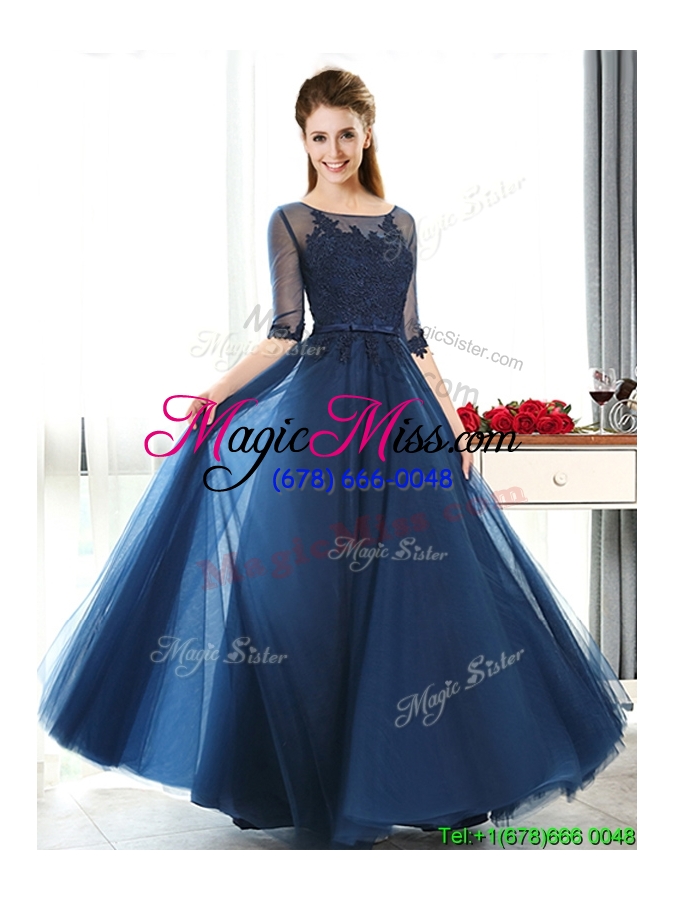 wholesale luxurious see through scoop half sleeves bridesmaid dress with lace and belt