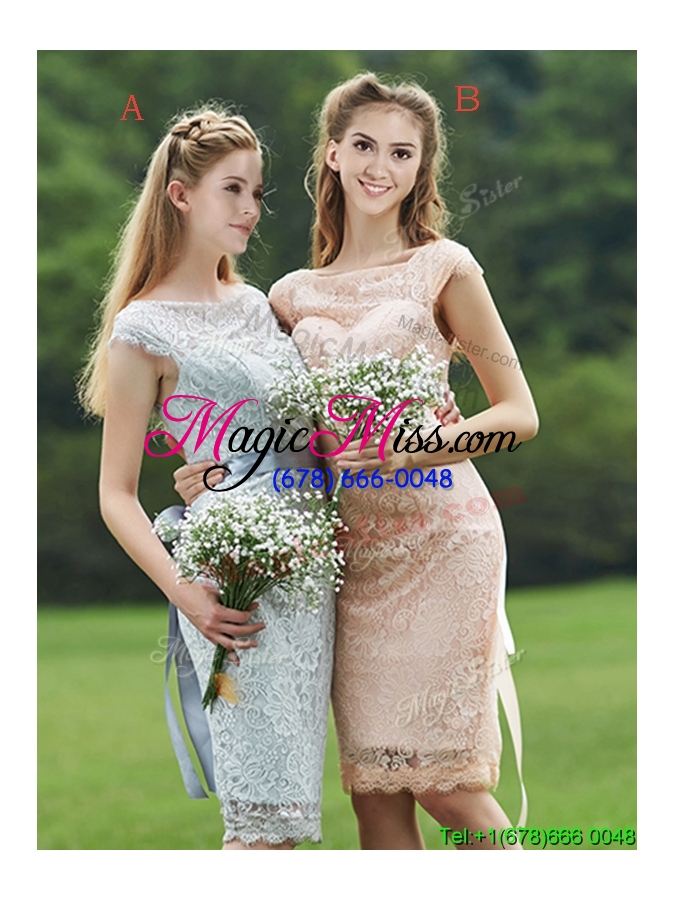 wholesale see through scoop cap sleeves bridesmaid dress with sashes