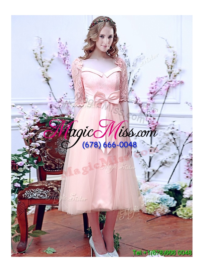 wholesale gorgeous off the shoulder cap sleeves bridesmaid dress with bowknot