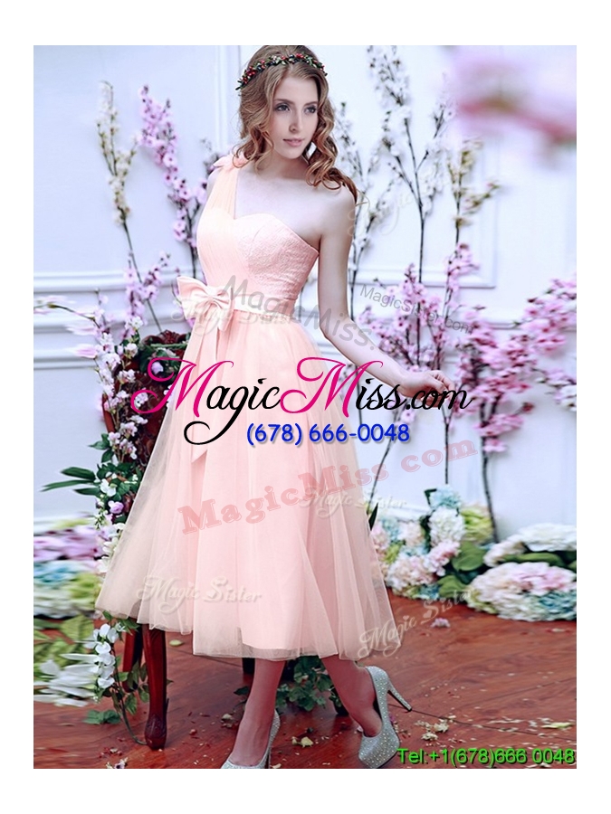 wholesale gorgeous off the shoulder cap sleeves bridesmaid dress with bowknot