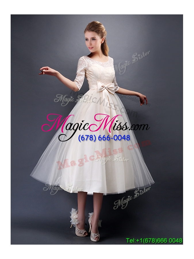 wholesale see through scoop half sleeves champagne bridesmaid dress with bowknot