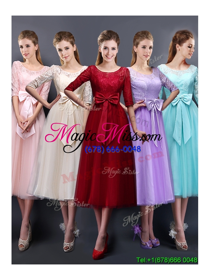wholesale see through scoop half sleeves champagne bridesmaid dress with bowknot