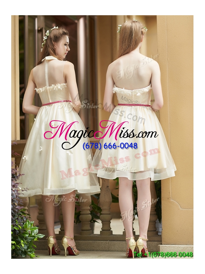 wholesale best selling champagne organza bridesmaid dress with appliques and sashes