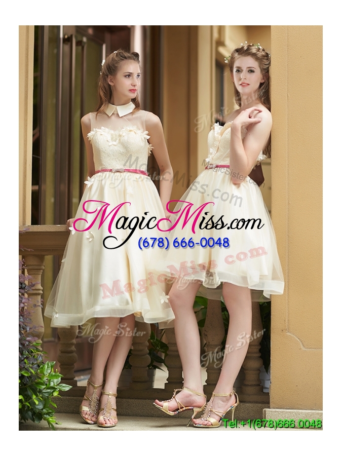 wholesale best selling champagne organza bridesmaid dress with appliques and sashes