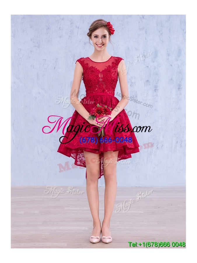 wholesale see through scoop high low wine red bridesmaid dress with lace