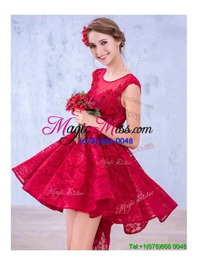 wholesale see through scoop high low wine red bridesmaid dress with lace