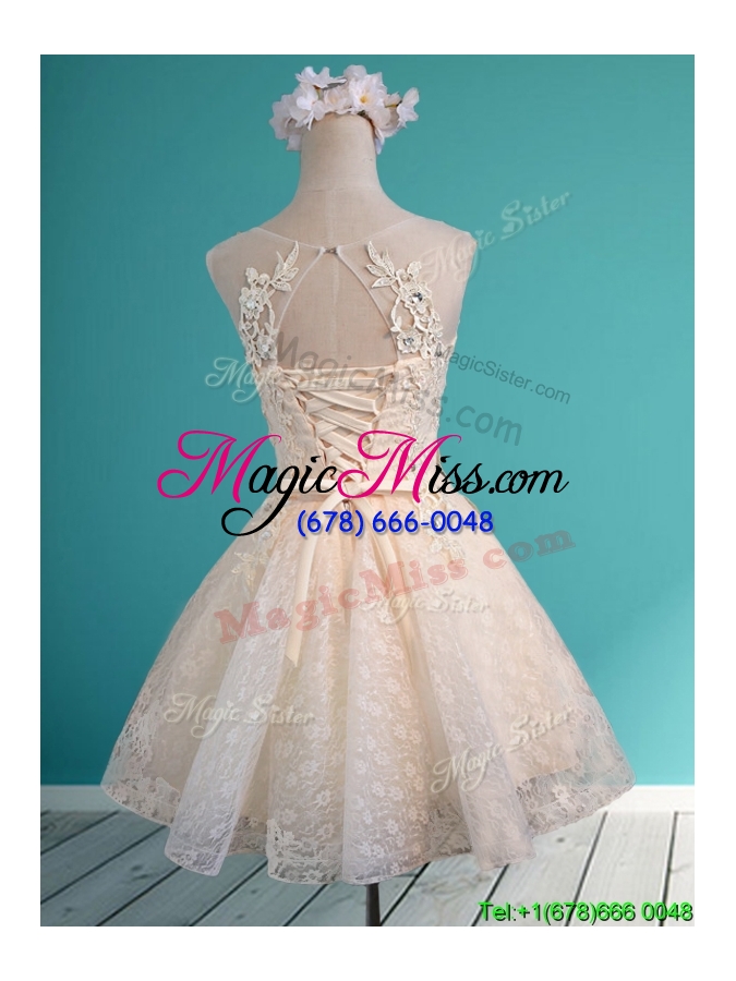 wholesale see through scoop short bridesmaid dress with beading and appliques