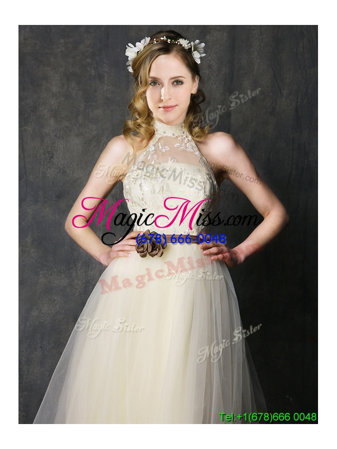wholesale new arrivals knee length champagne bridesmaid dress with lace