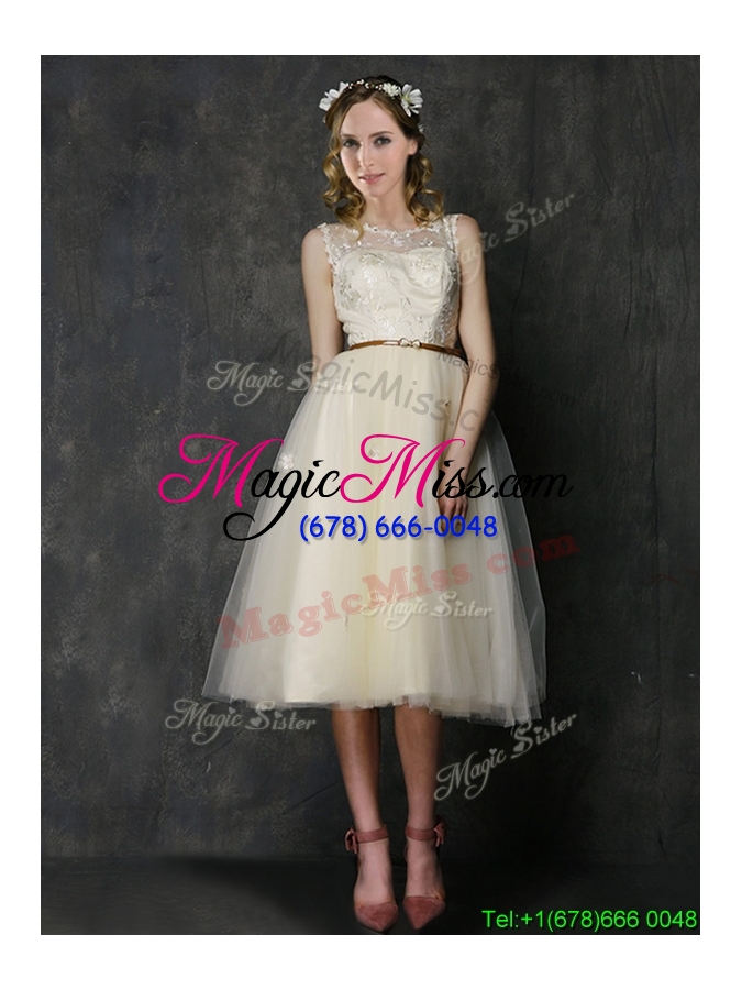 wholesale new arrivals knee length champagne bridesmaid dress with lace