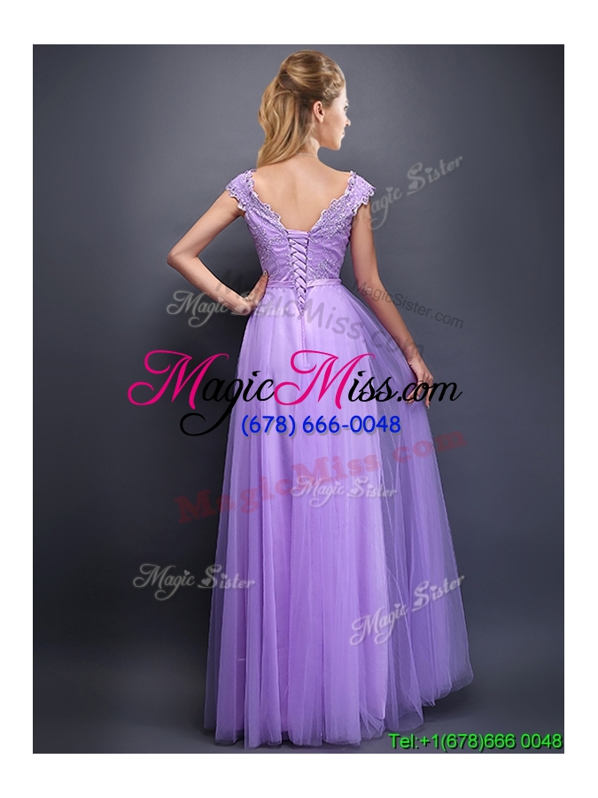 wholesale unique v neck tulle bridesmaid dress with beading and bowknot