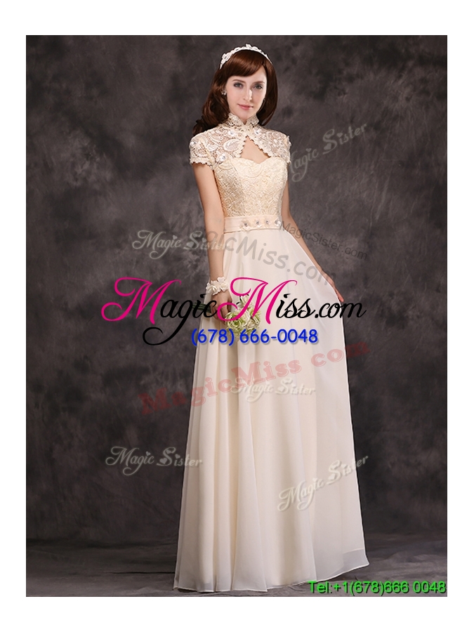 wholesale hot sale high neck champagne bridesmaid dress with appliques and lace