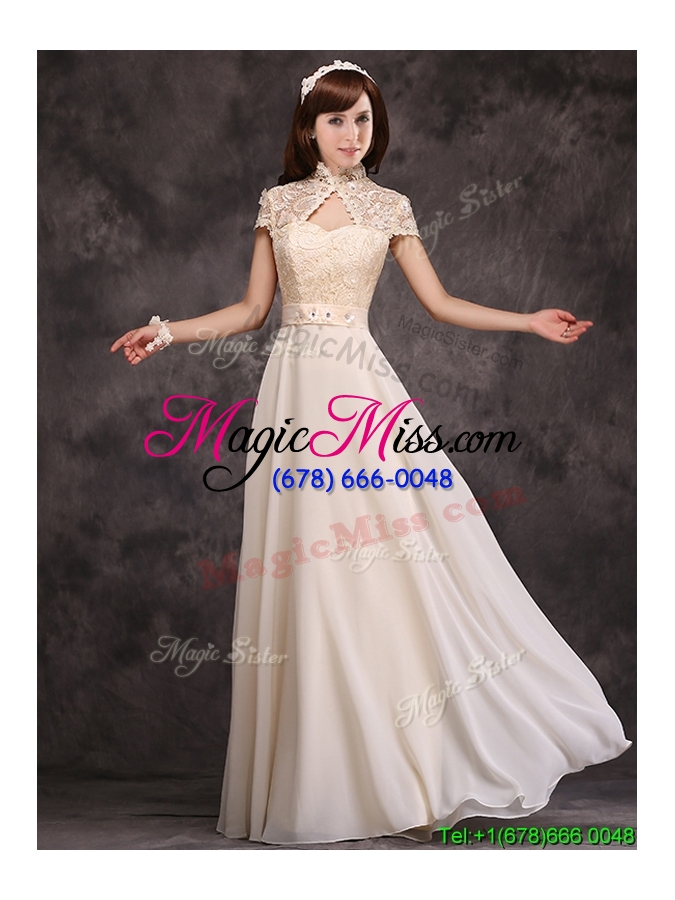 wholesale hot sale high neck champagne bridesmaid dress with appliques and lace
