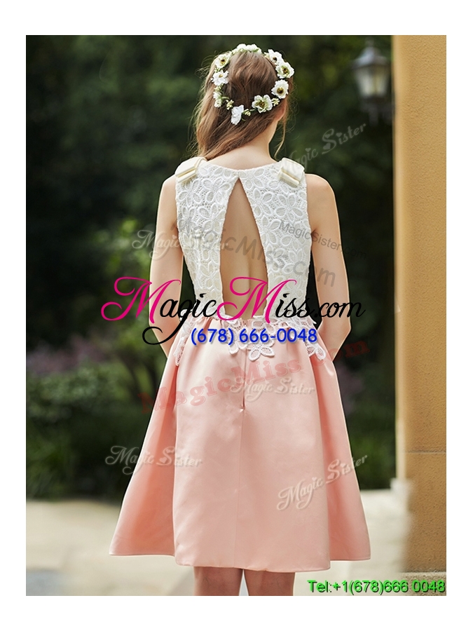 wholesale elegant bateau open back applique short bridesmaid dress in pink