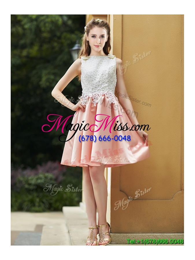 wholesale elegant bateau open back applique short bridesmaid dress in pink