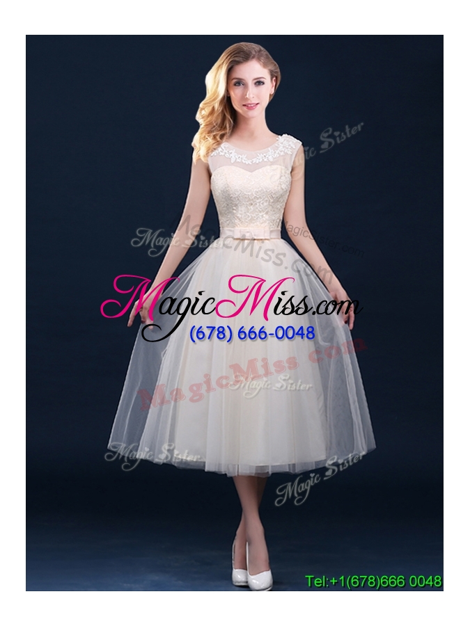 wholesale best selling see through champagne bridesmaid dress with appliques and belt