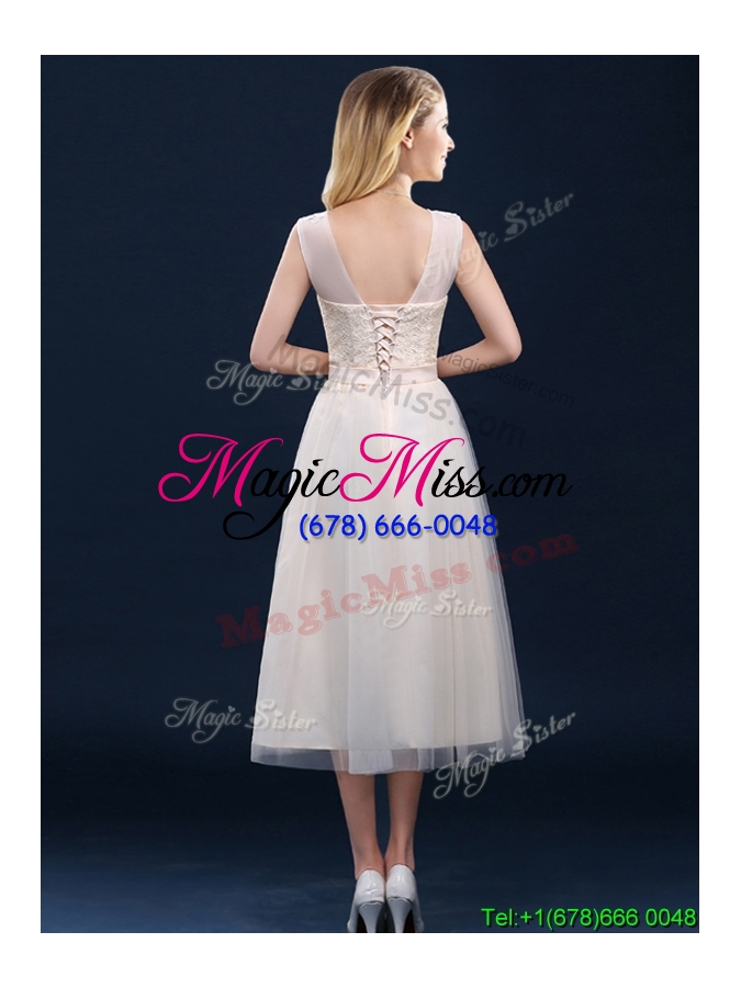 wholesale best selling see through champagne bridesmaid dress with appliques and belt