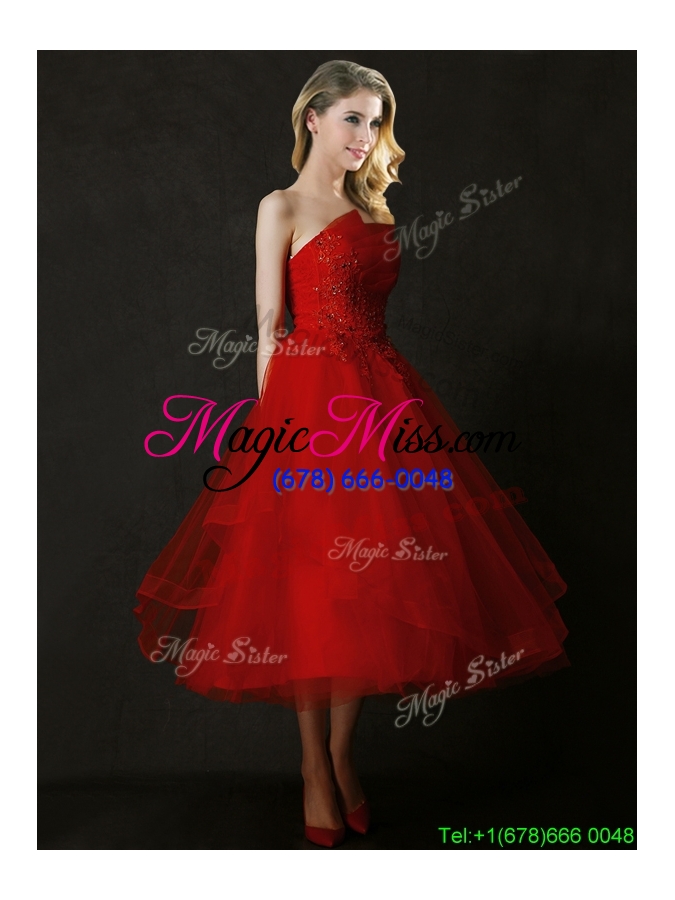 wholesale elegant tea length applique red bridesmaid dress with asymmetrical neckline