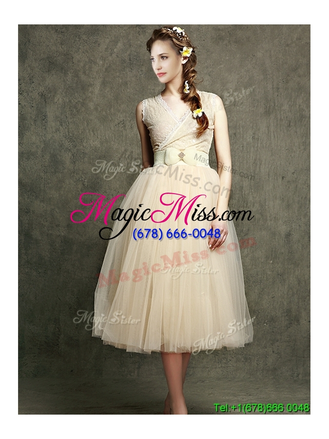wholesale cheap champagne v neck dama dress with belt and bowknot