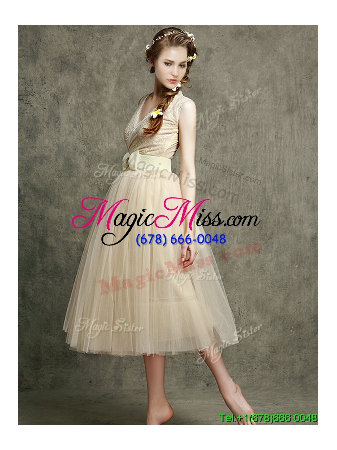 wholesale cheap champagne v neck dama dress with belt and bowknot