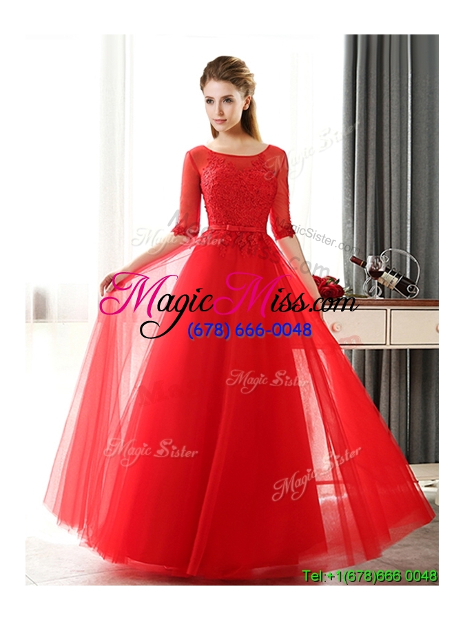 wholesale see through scoop half sleeves red dama dress with lace and belt