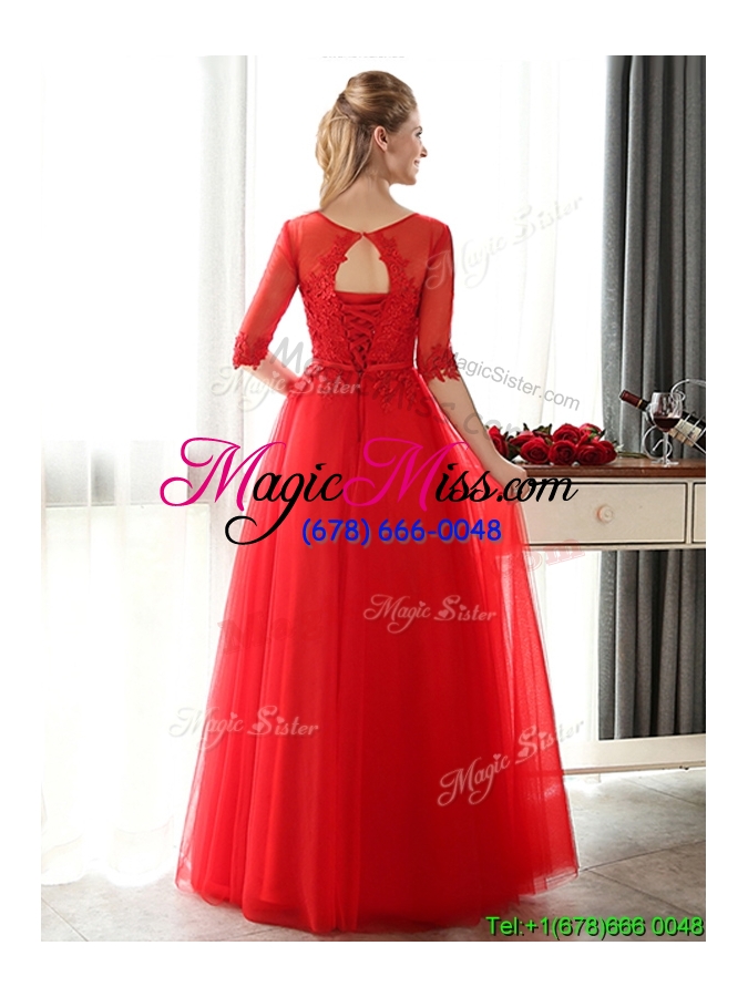 wholesale see through scoop half sleeves red dama dress with lace and belt