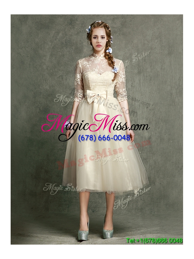 wholesale see through high neck half sleeves dama dress with lace and bowknot