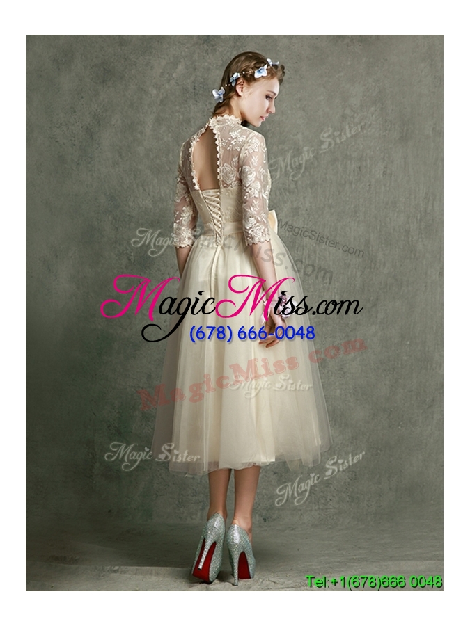 wholesale see through high neck half sleeves dama dress with lace and bowknot
