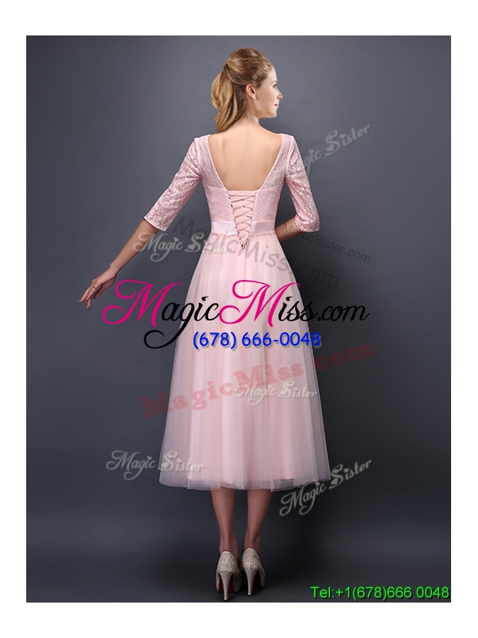 wholesale most popular scoop half sleeves baby pink bridesmaid dress with bowknot