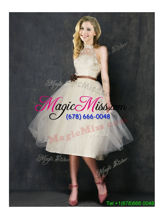 wholesale sweet high neck champagne dama dress with hand made flowers and lace