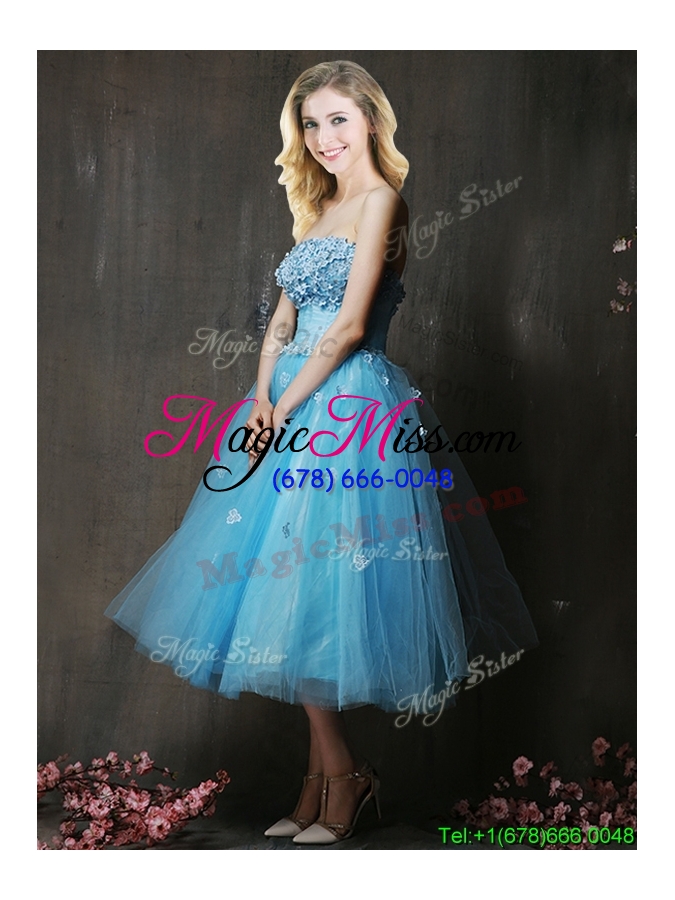 wholesale lovely strapless applique bust baby blue dama dress in tea length