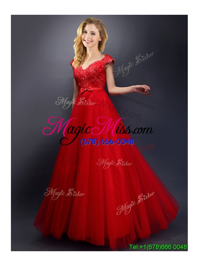 wholesale classical beaded v neck red dama dress with cap sleeves