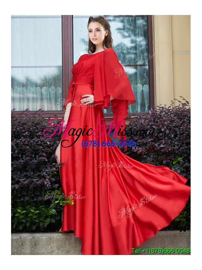 wholesale pretty bateau long sleeves red dama dress with beading and high slit
