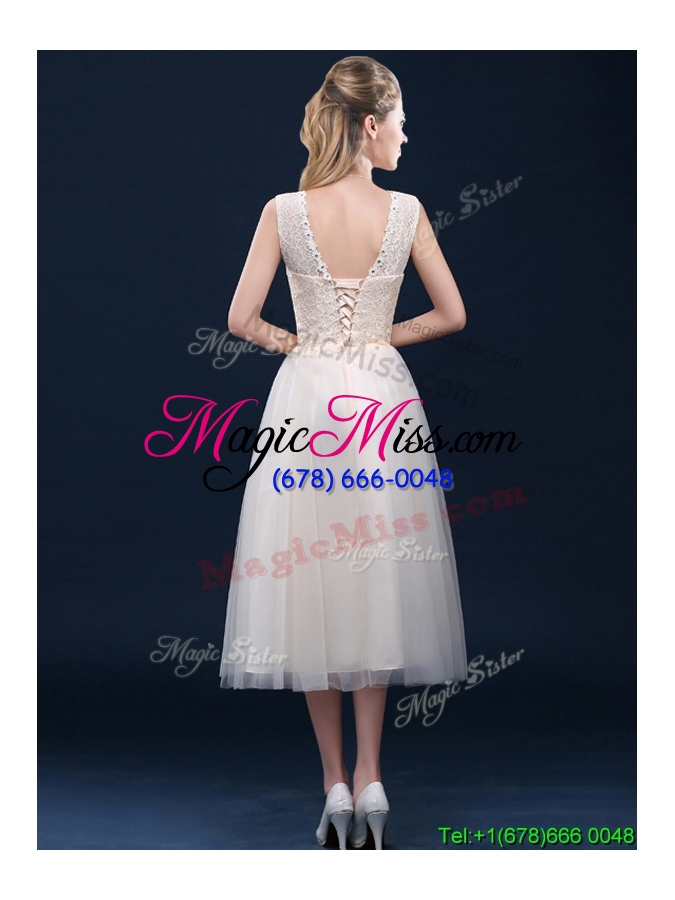 wholesale fashionable tea length scoop dama dress with lace and appliques