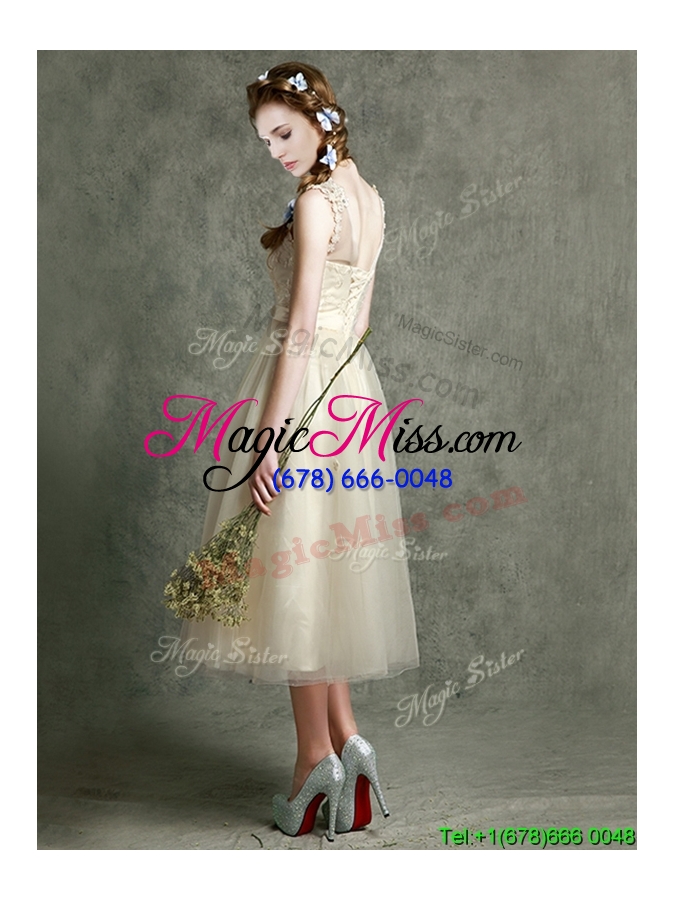 wholesale see through scoop champagne prom dress with hand made flowers and appliques
