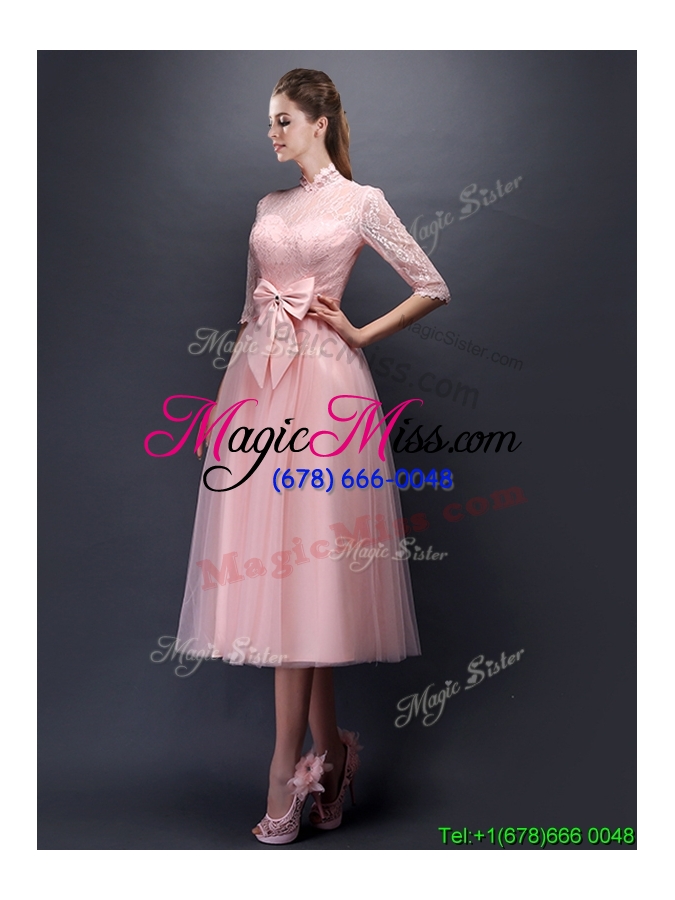 wholesale luxurious laced high neck half sleeves prom dress with bowknot