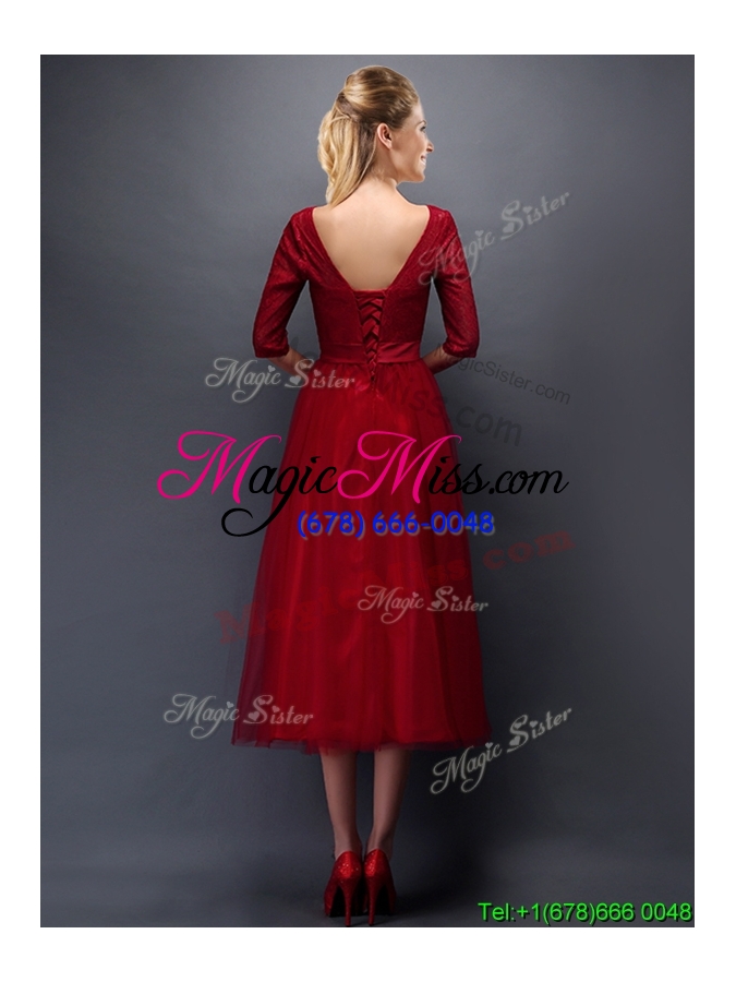 wholesale gorgeous scoop half sleeves bowknot prom dress in wine red