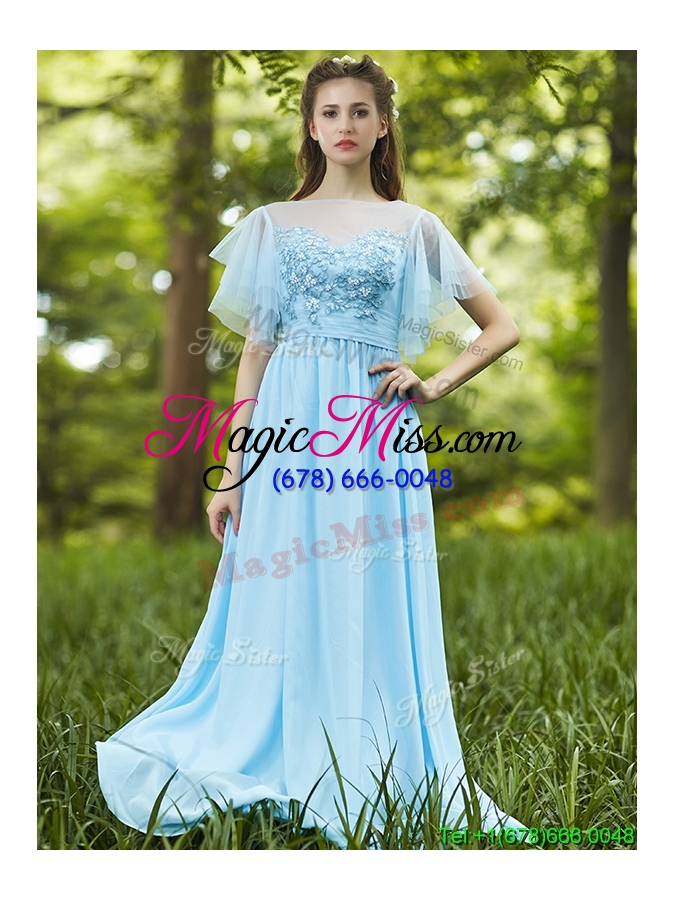 wholesale see through bateau short sleeves prom dress with appliques